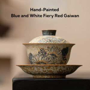 Hand-Painted Blue and White Fiery Red Gaiwan 